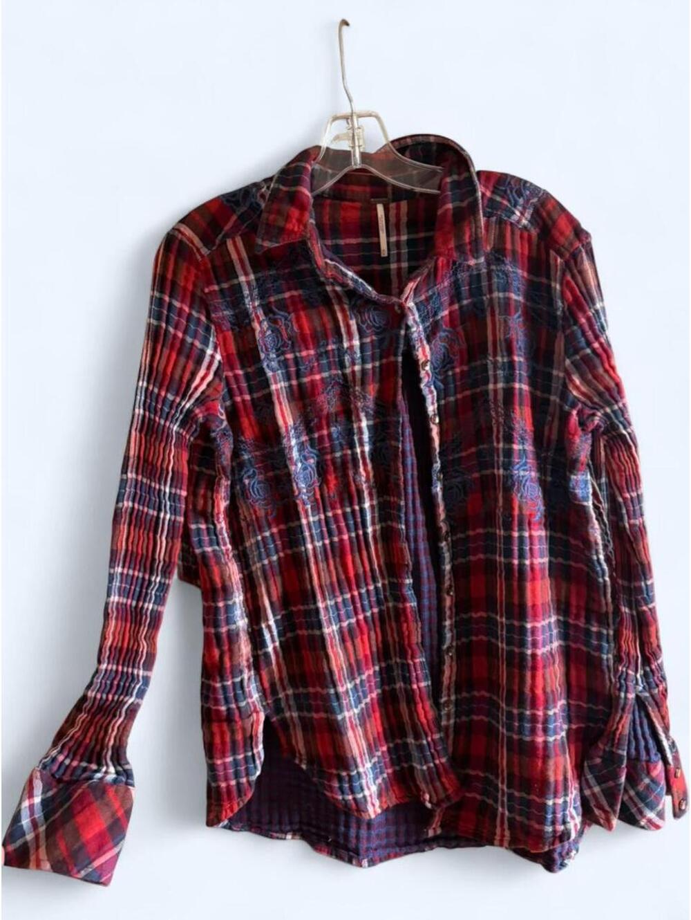 Free People Red and Navy Plaid Button-Down Shirt